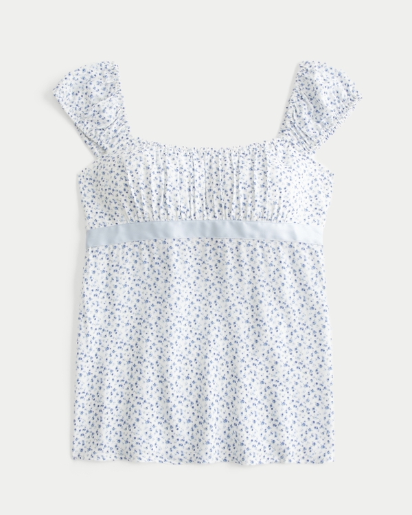 Easy Satin Tie Babydoll Top, Light Blue Floral view 1