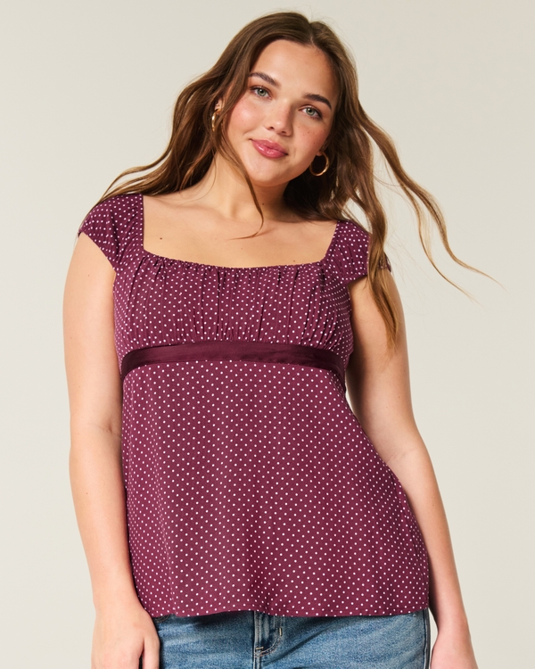Easy Satin Tie Babydoll Top, Mulberry Dot view 1