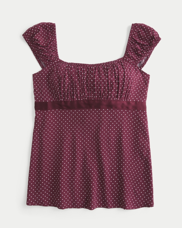 Easy Satin Tie Babydoll Top, Mulberry Dot view 1