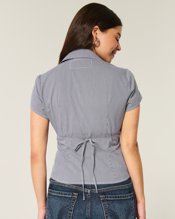 Short-Sleeve Poplin Shirt, Navy Blue Check view 2