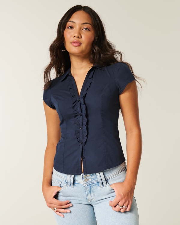 Short-Sleeve Tuxedo Shirt, Navy Blue view 1