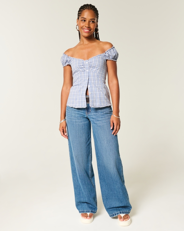 On/Off-the-Shoulder Poplin Blouse, Blue Plaid view 2