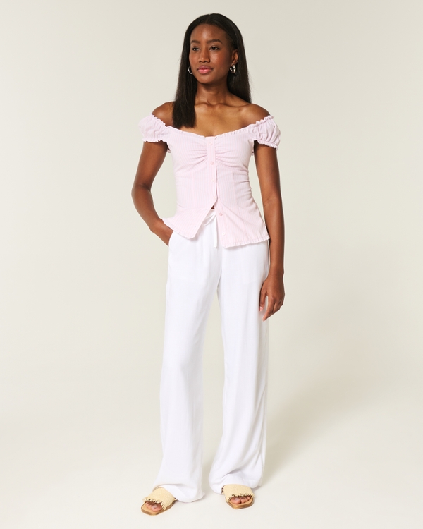On/Off-the-Shoulder Poplin Blouse, Light Pink Stripe view 2