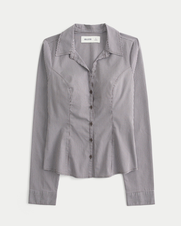 Button-Through Poplin Shirt, White Check view 1