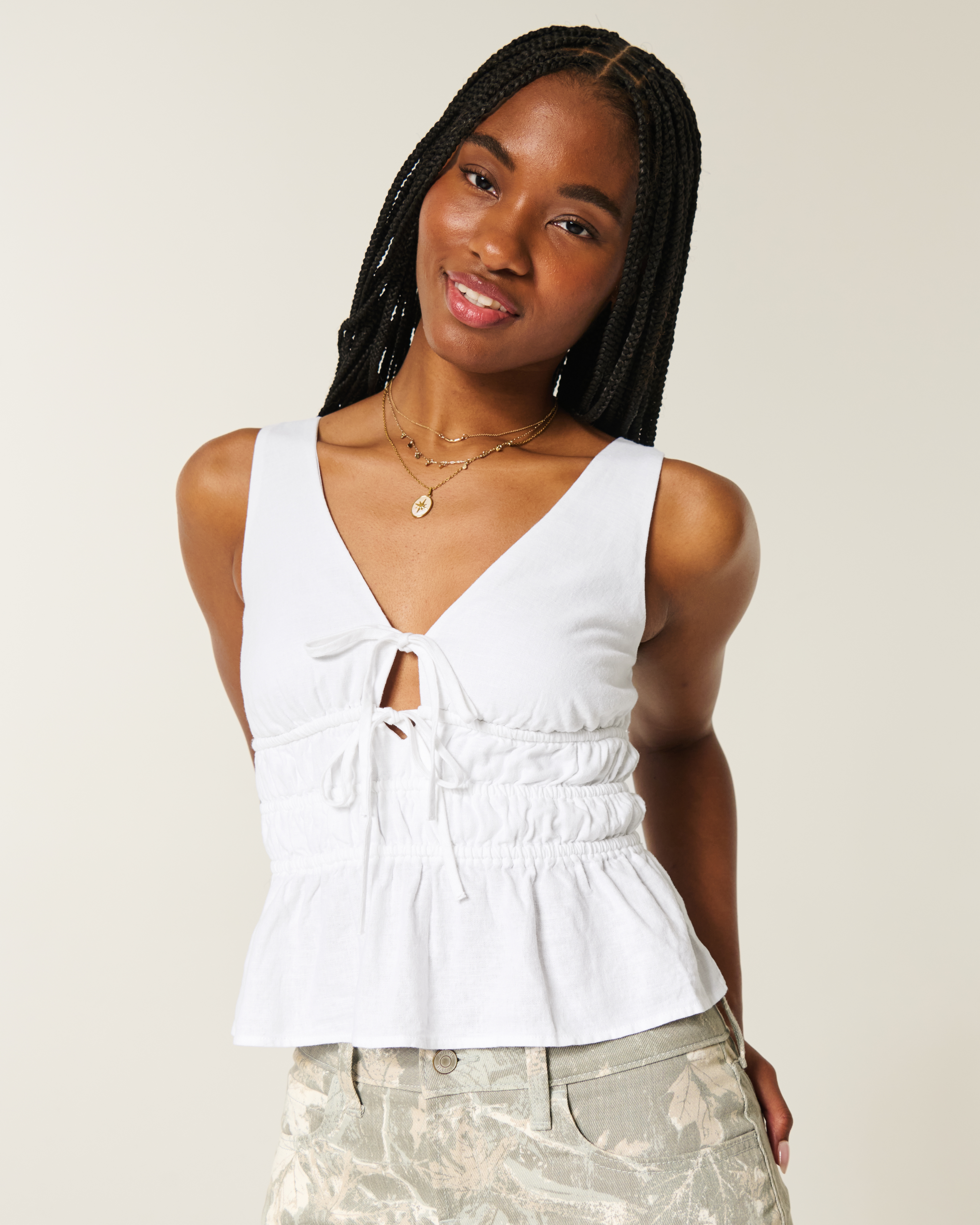 Linen-Blend Tie-Front Peplum Top