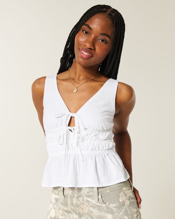 Linen-Blend Tie-Front Peplum Top, White view 1