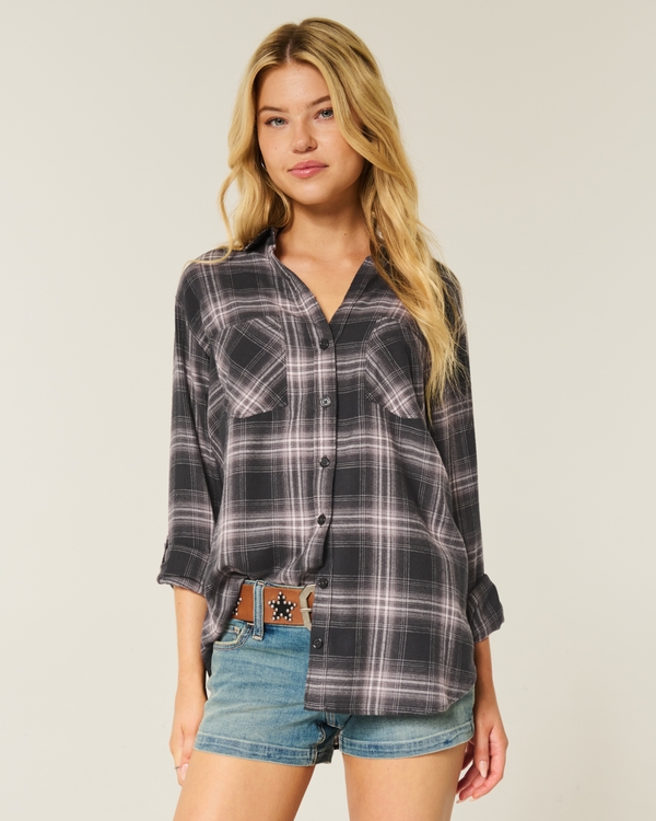 Oversized Flannel Shirt, Charcoal Grey Plaid view 1