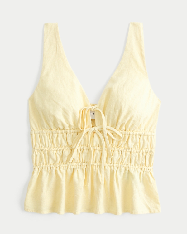 Linen-Blend Tie-Front Peplum Top, Butter Yellow view 1