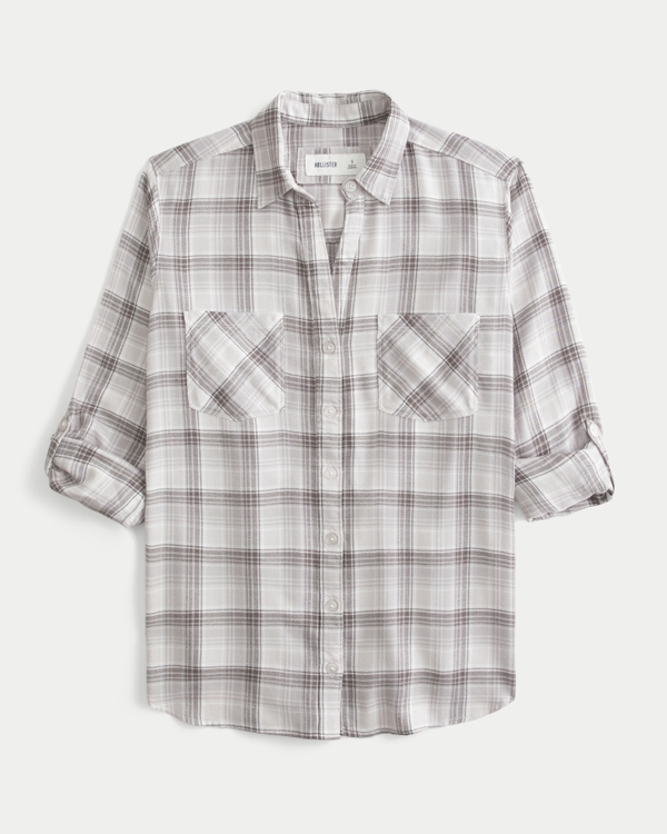 Oversized Flannel Shirt, Light Grey Plaid view 1