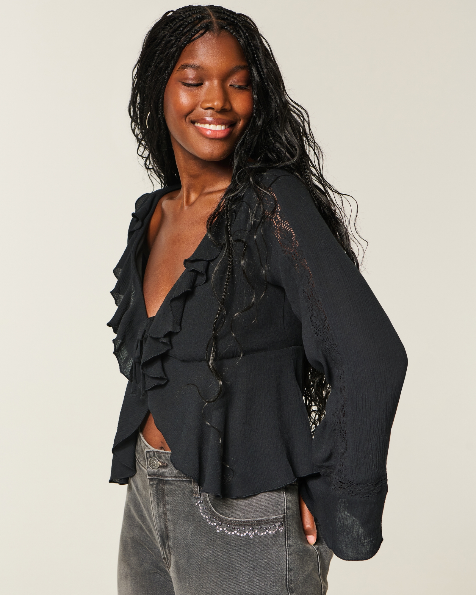 Women's Easy Long-Sleeve Ruffle Babydoll Top | Women's Tops