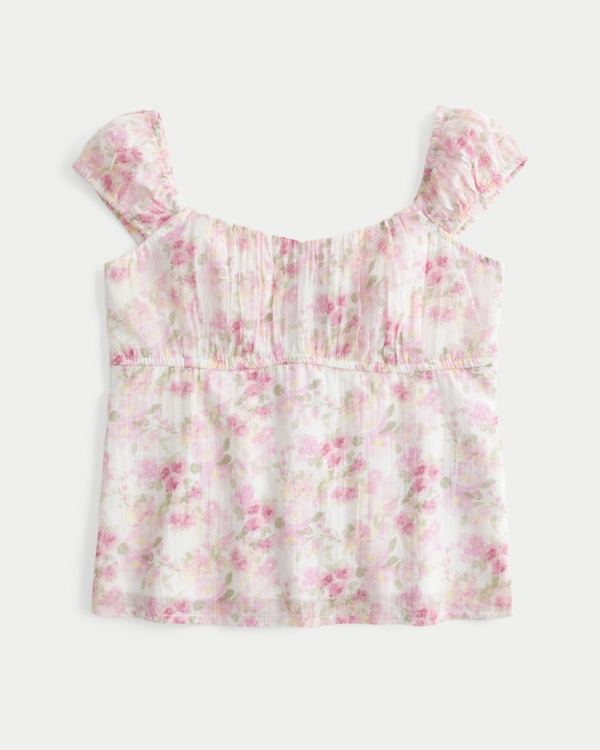 Ruched Babydoll Top, White Floral view 1