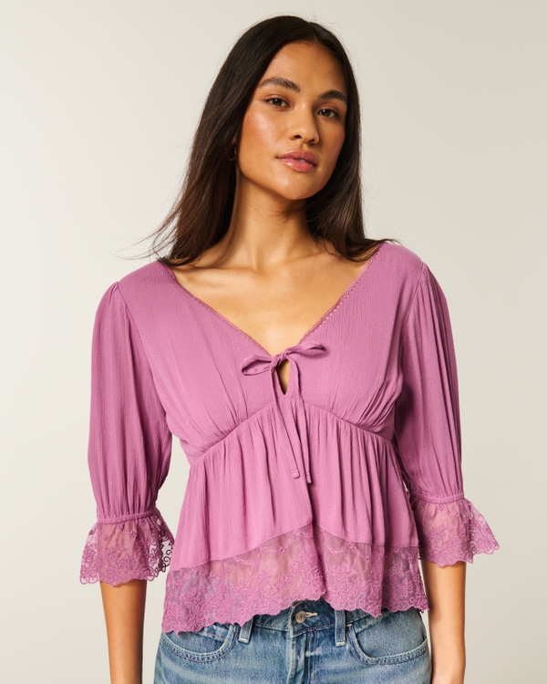 Three-Quarter Sleeve Babydoll Top, Purple view 1