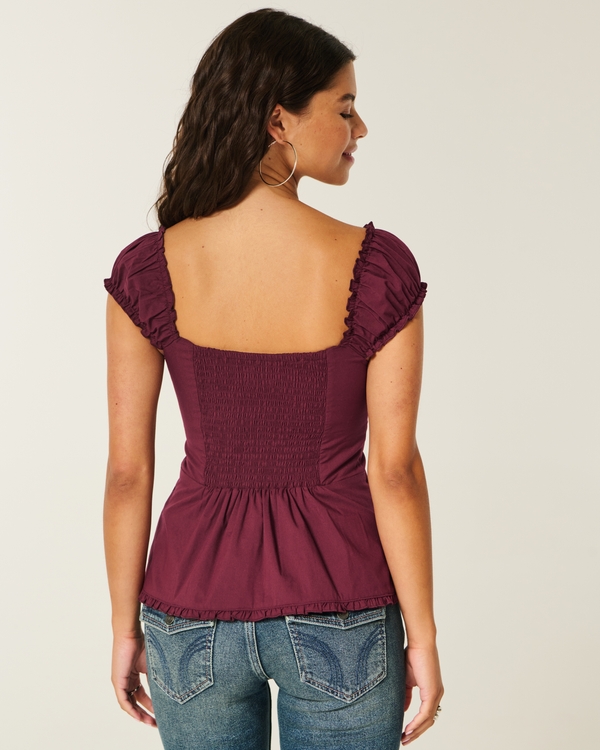 Short-Sleeve Stretch Poplin Top, Mulberry view 2