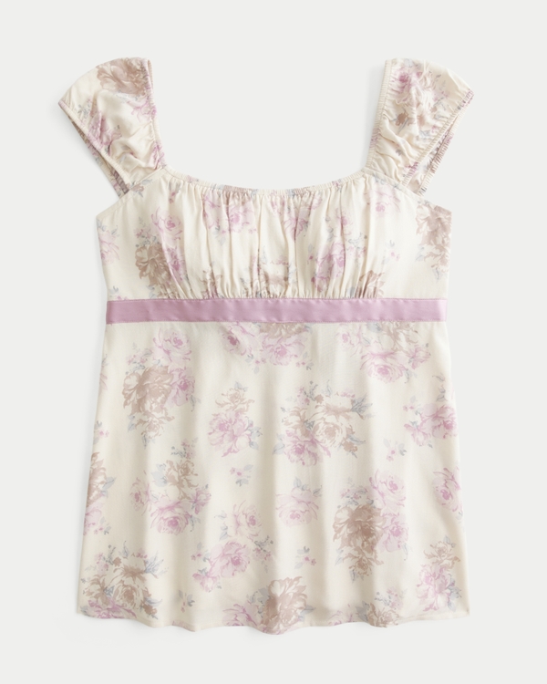 Easy Satin Tie Babydoll Top, Cream Floral view 1