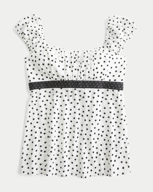 Easy Satin Tie Babydoll Top, White Dot view 1