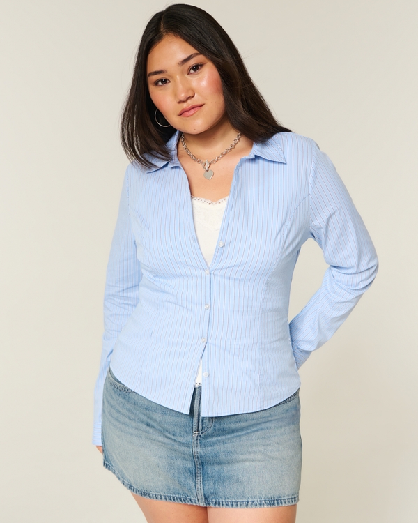 Stretch Poplin Button-Through Shirt, Blue Stripe view 1