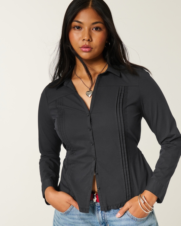 Lace Inset Button Front Shirt, Black view 1