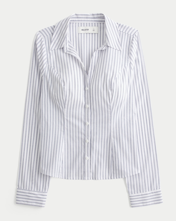 Stretch Poplin Button-Through Shirt, White Stripe view 1