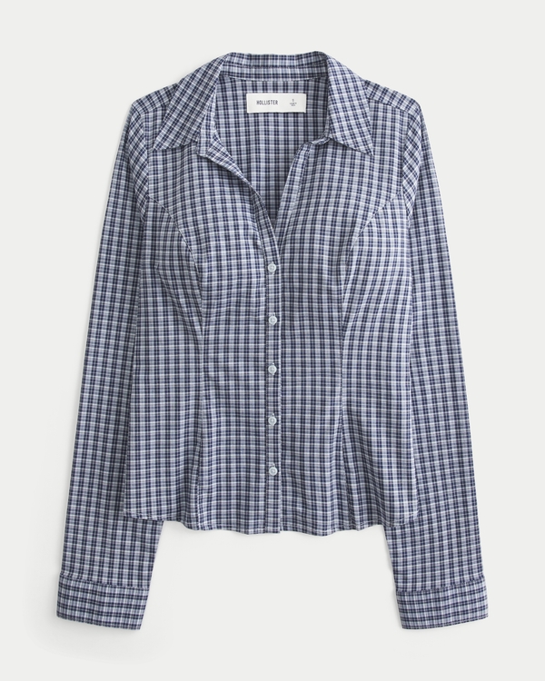 Stretch Poplin Button-Through Shirt, Navy Blue Plaid view 1