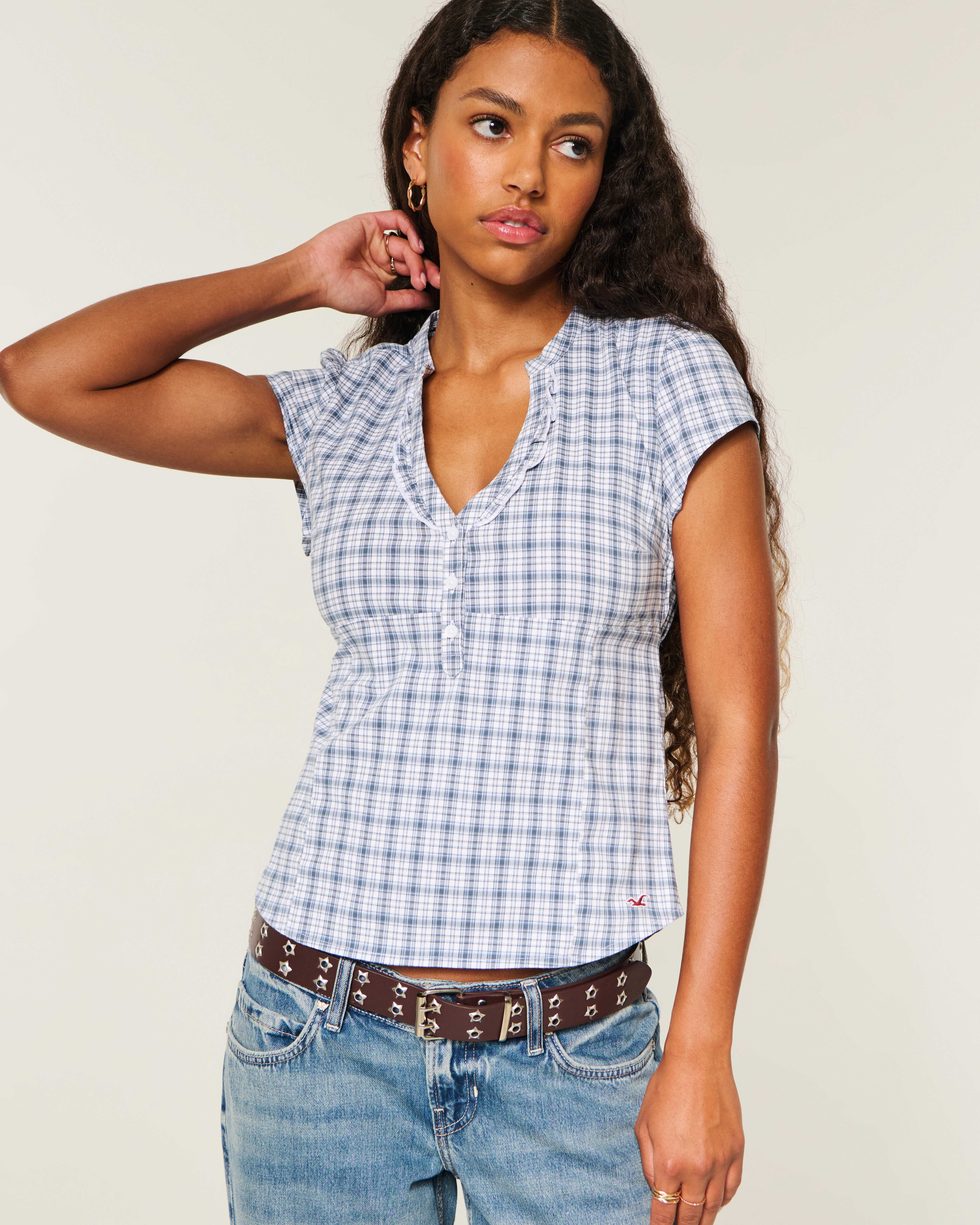 Short-Sleeve Ruffle Henley Shirt