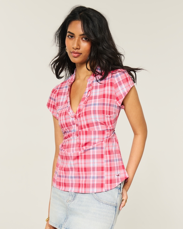 Short-Sleeve Ruffle Henley Shirt, Red Plaid view 1