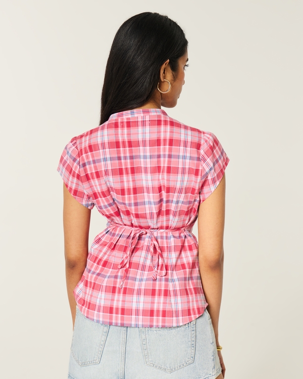 Short-Sleeve Ruffle Henley Shirt, Red Plaid view 2