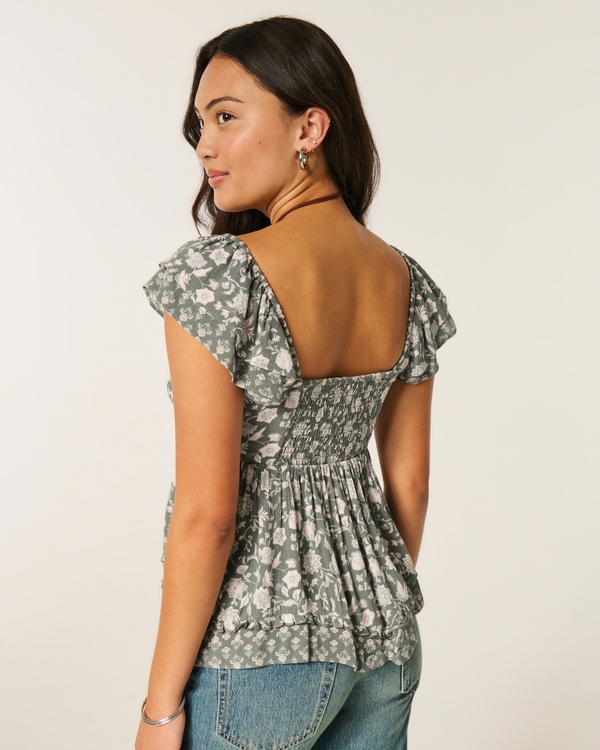 Easy Handkerchief Hem Babydoll Top, Dark Olive Print view 2