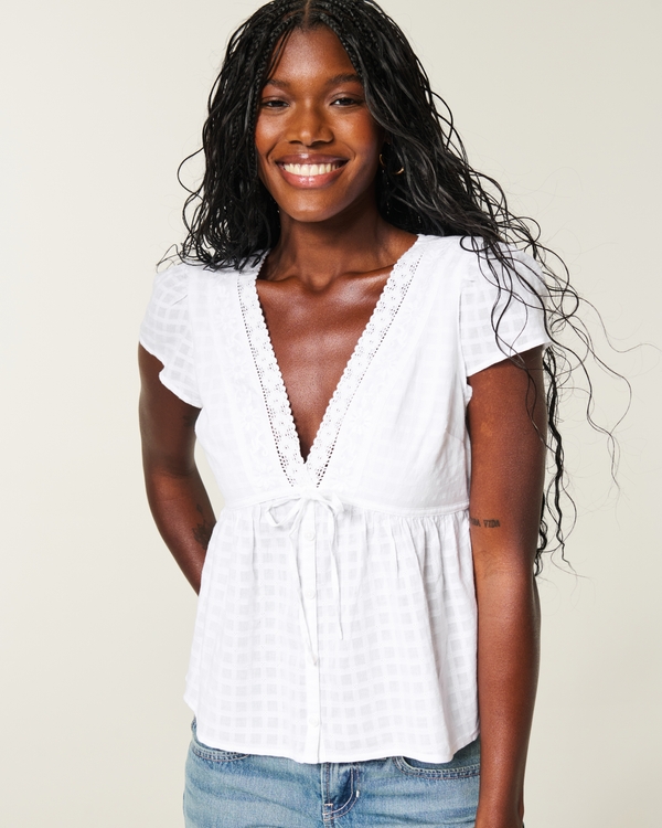 Short-Sleeve Flyaway Babydoll Top, White view 1