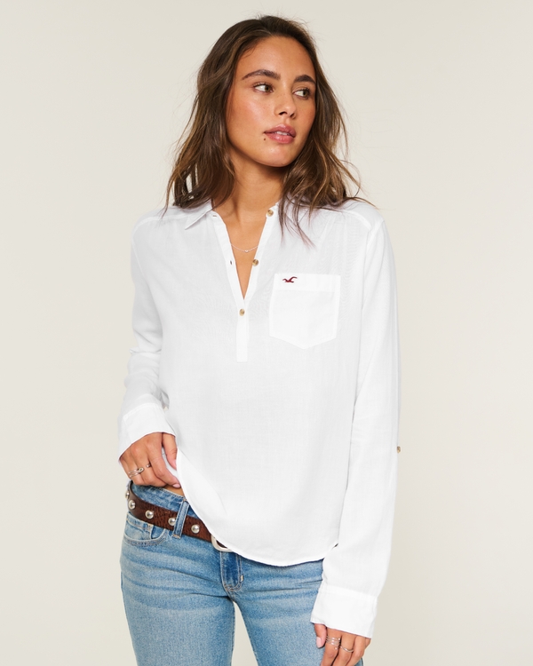 Hollister パールコットン ポップオーバーシャツ, ホワイト view 1