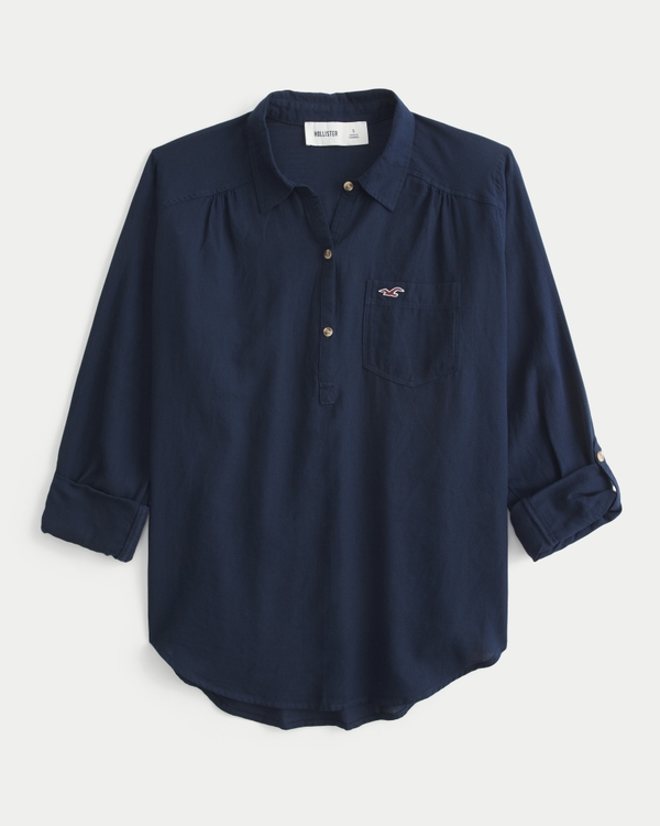 Hollister パールコットン ポップオーバーシャツ, ネイビーブルー view 1