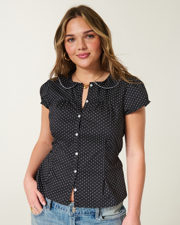 Stretch Poplin Button-Through Shirt, Black Dot view 1
