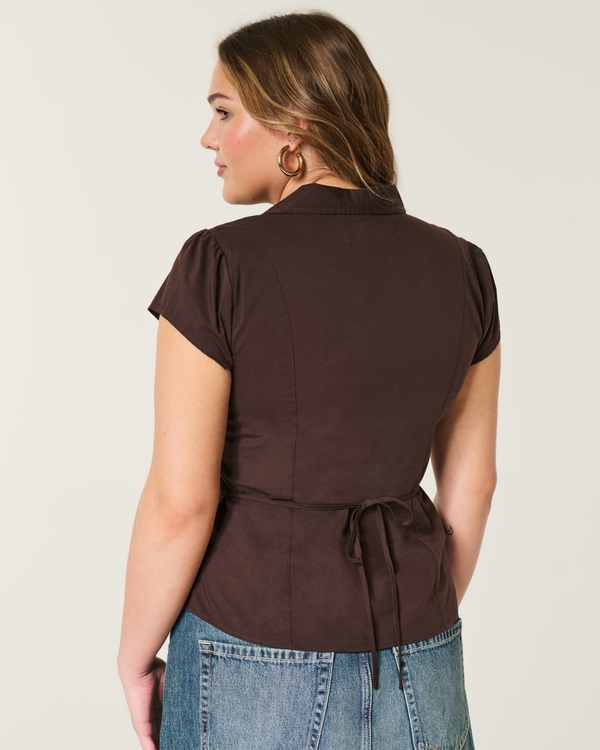 Short-Sleeve Ruched Shirt, Brown view 2