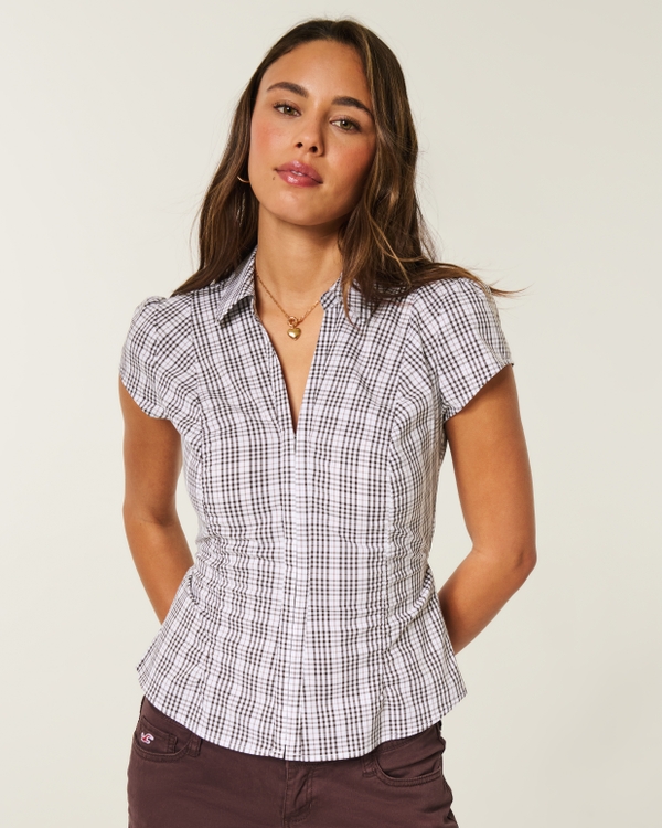 Short-Sleeve Ruched Shirt, White Plaid view 1
