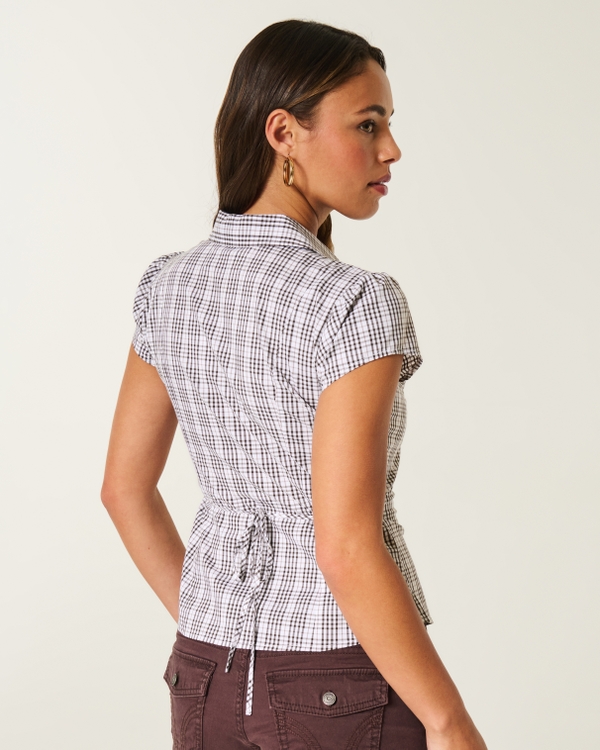 Short-Sleeve Ruched Shirt, White Plaid view 2