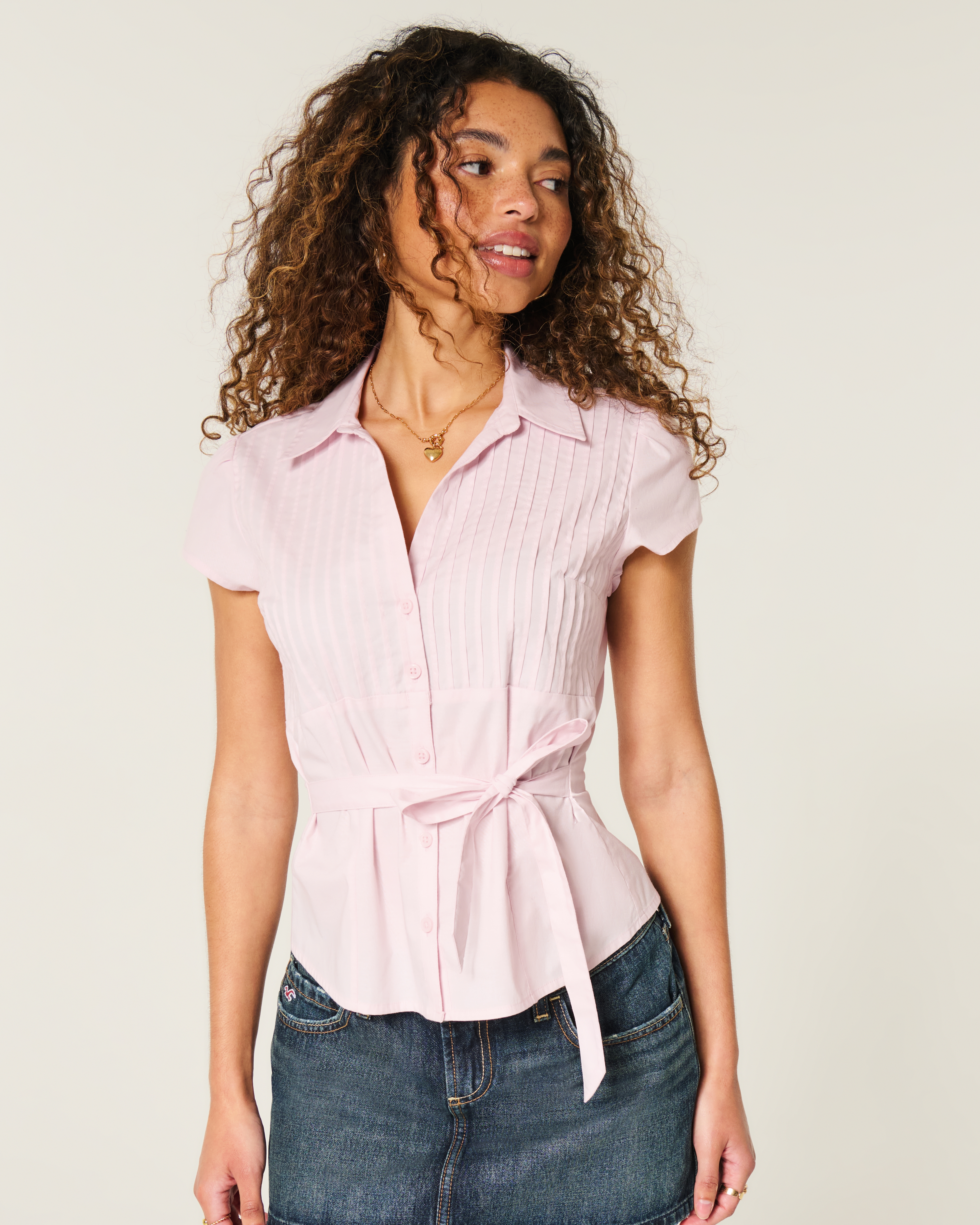 Short-Sleeve Bow Belt Shirt