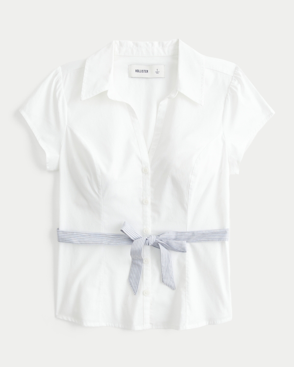 Short-Sleeve Bow Belt Shirt, White Stripe view 1