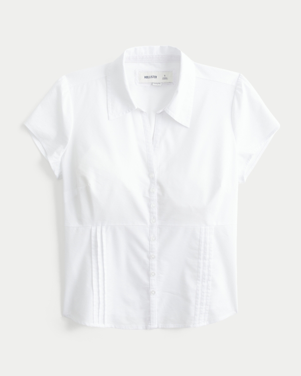 Curvy Short-Sleeve Pleated Shirt, White view 1