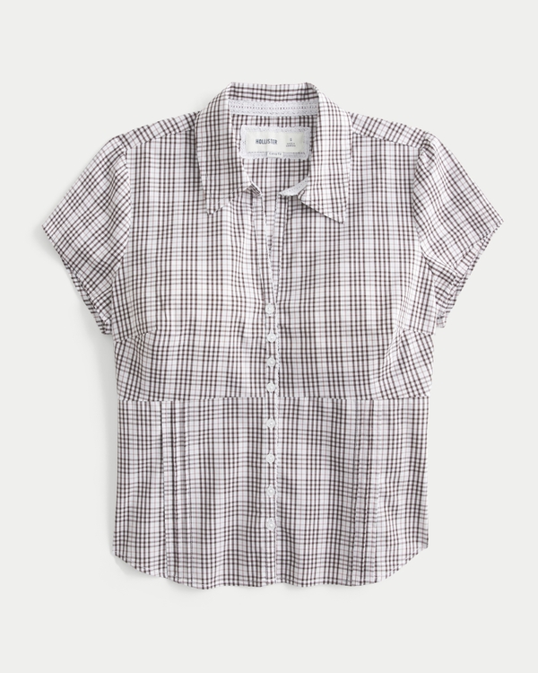 Curvy Short-Sleeve Pleated Shirt, White Plaid view 1
