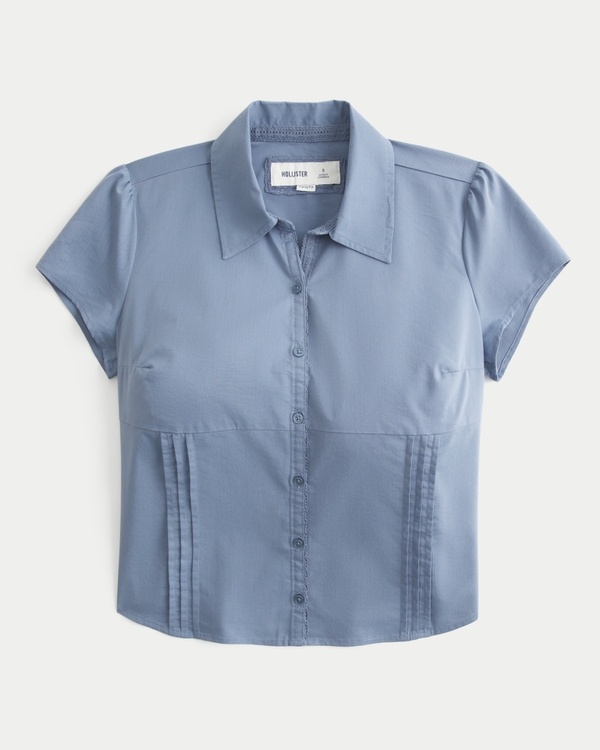 Curvy Short-Sleeve Pleated Shirt, Dark Blue view 1