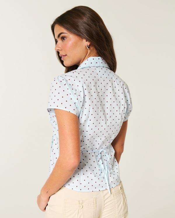 Curvy Short-Sleeve Pleated Shirt, Light Blue Dot view 2