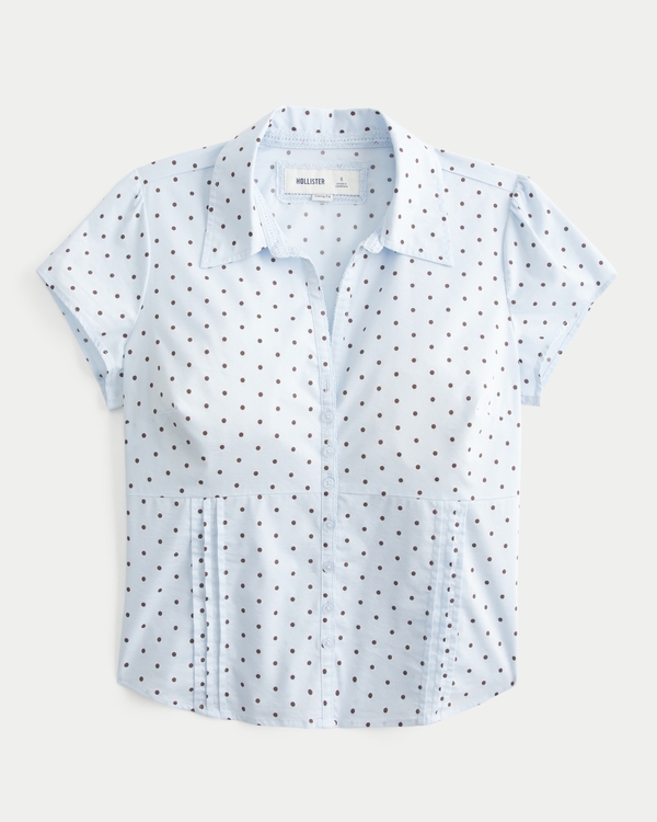 Curvy Short-Sleeve Pleated Shirt, Light Blue Dot view 1