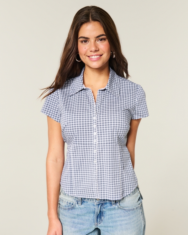 Curvy Short-Sleeve Pleated Shirt, Navy Blue Plaid view 1