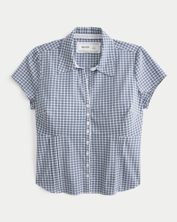 Curvy Short-Sleeve Pleated Shirt, Navy Blue Plaid view 1