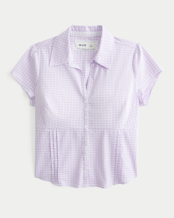 Curvy Short-Sleeve Pleated Shirt, Pastel Purple Check view 1