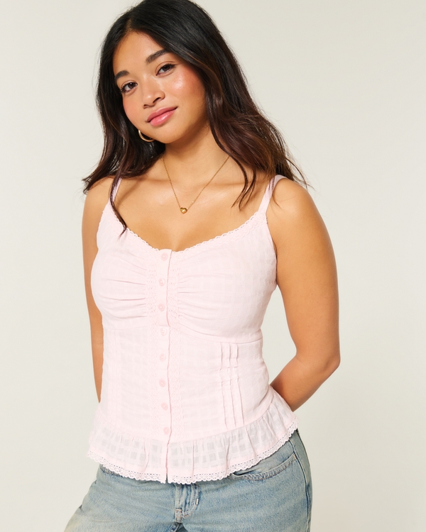 Curvy Lace Trim Peplum Tank, Light Pink view 1