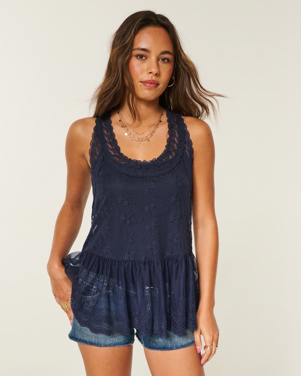 All-Over Lace Racerback Tank, Navy view 1