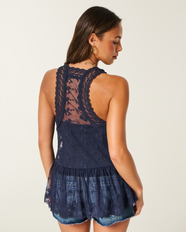 All-Over Lace Racerback Tank, Navy view 2