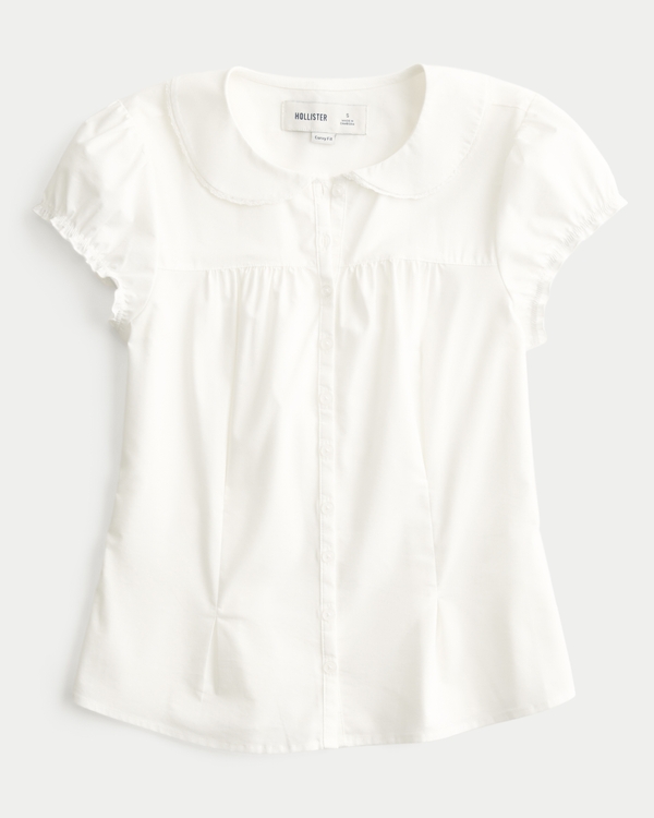 Curvy Short-Sleeve Statement Collar Shirt, Cloud White view 1