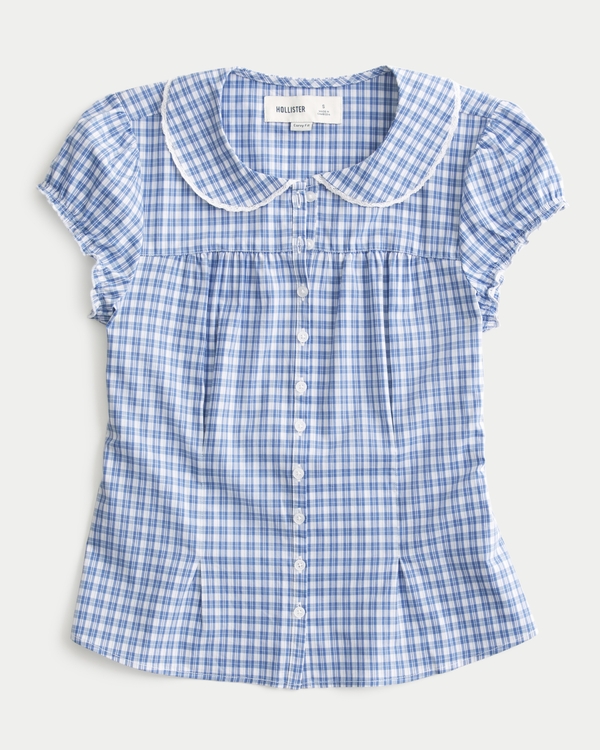 Curvy Short-Sleeve Statement Collar Shirt, Blue Plaid view 1