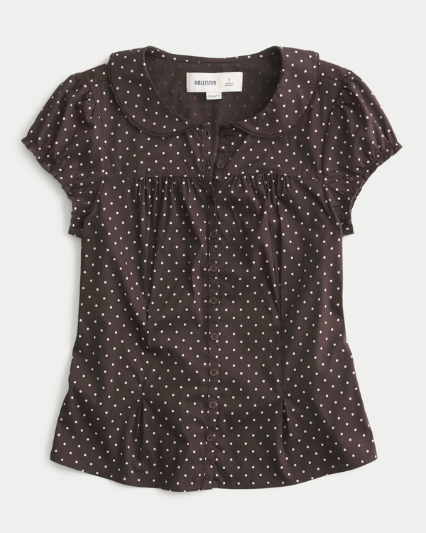 Curvy Short-Sleeve Statement Collar Shirt, Brown Dot view 1